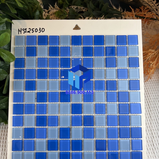 Gạch Mosaic Thủy tinh trộn 3 màu xanh nhạt 25x25mm MST25030